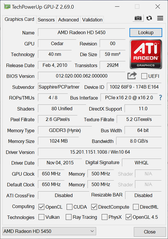 کارت گرافیک ای ام دی سافایر مدل Radeon HD 5450 ظرفیت 1 گیگابایت DDR3 استوک - Image 2