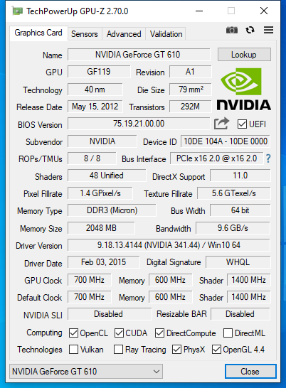 کارت گرافیک انویدیا ایفاکس مدل GT 610 ظرفیت ۲ گیگابایت 64 بیت استوک - Image 3