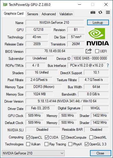 کارت گرافیک انویدیا بایوستار Geforce 210 ظرفیت 1GB استوک DDR3 - Image 2
